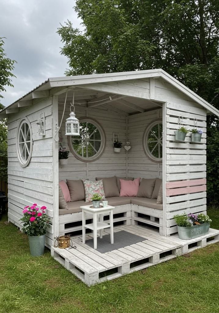 This whitewashed pallet mini house includes a corner sofa, some plants and lights and it's great to take a break from any work.